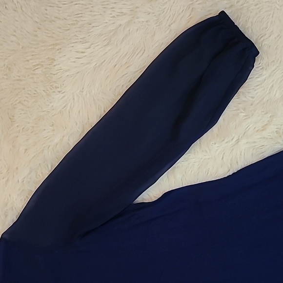 EXPRESS Dark Blue Flared Dress with Sheer Flowy Sleeves - Size Medium - Picture 3 of 10